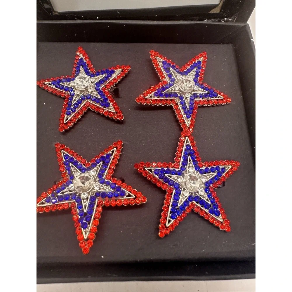 Storehouse Patriotic Star 4th of July Red Blue Jeweled Rhinestones Napkin Rings